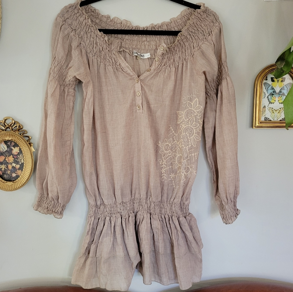 Boho neutral ruched ruffle top embroidered floral Renaissance off shoulder
